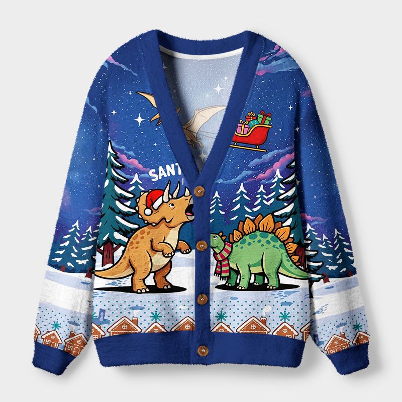 Kyoto-Lion Cute Dino Christmas Ugly Cardigan Sweater