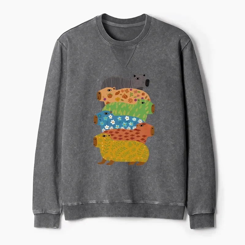 Kyoto-Lion Colorful Capybaras Washed Terry Sweatshirt