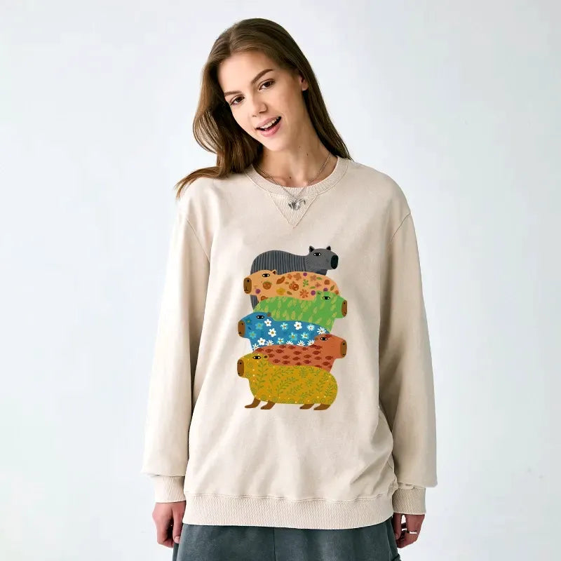 Kyoto-Lion Colorful Capybaras Washed Terry Sweatshirt
