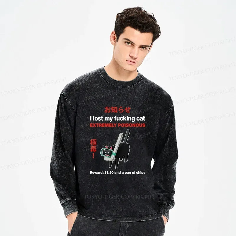Kyoto-Lion Find The Toxic Cat Funny Washed Long Sleeve T-Shirt