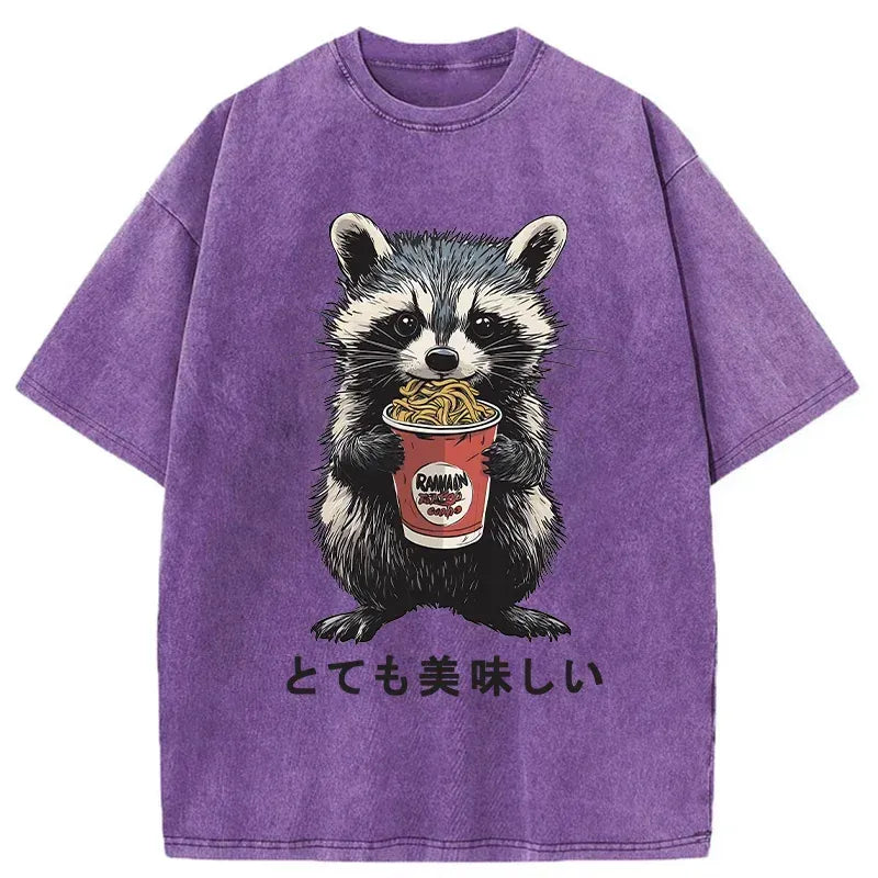 Kyoto-Lion Cute Raccoon Eating Ramen Japanese Washed T-Shirt