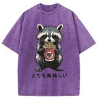 Kyoto-Lion Cute Raccoon Eating Ramen Japanese Washed T-Shirt
