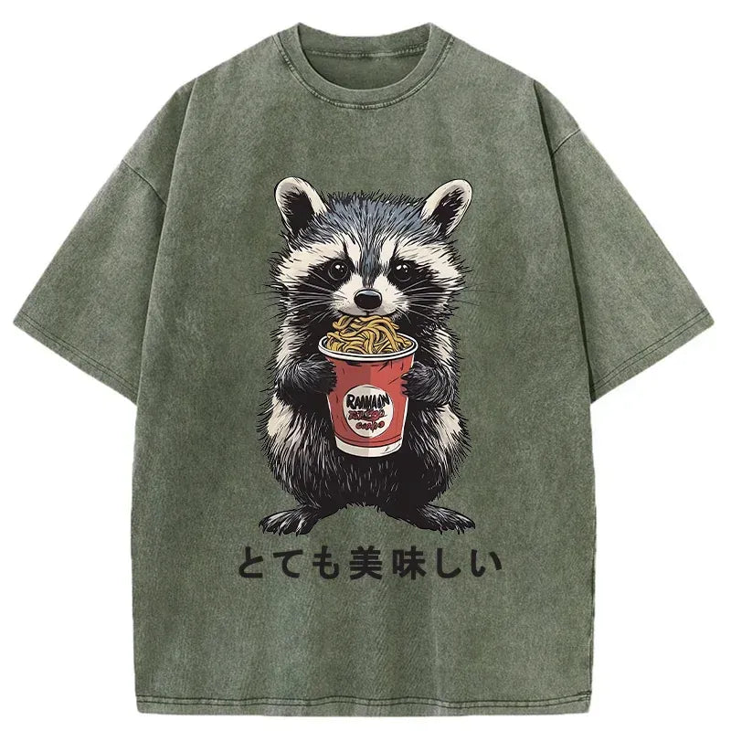 Kyoto-Lion Cute Raccoon Eating Ramen Japanese Washed T-Shirt