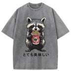 Kyoto-Lion Cute Raccoon Eating Ramen Japanese Washed T-Shirt