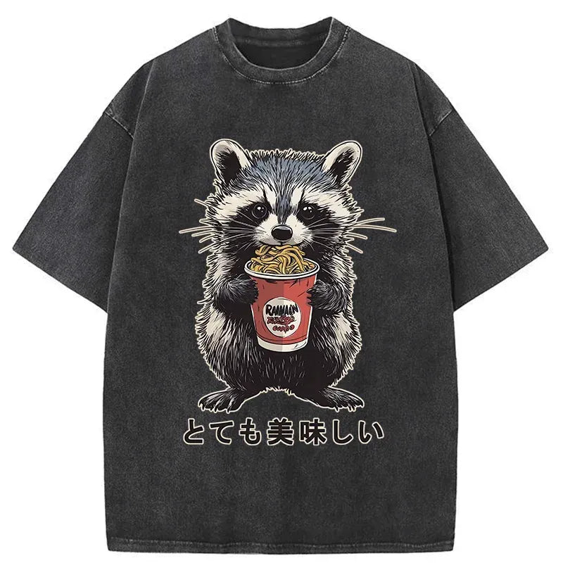 Kyoto-Lion Cute Raccoon Eating Ramen Japanese Washed T-Shirt