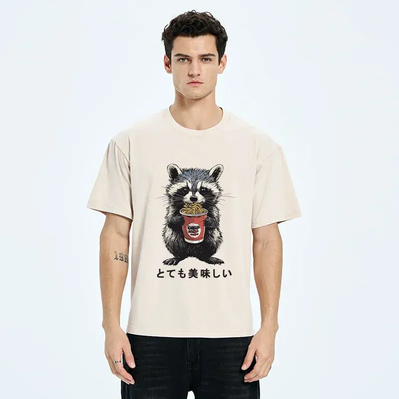 Kyoto-Lion Cute Raccoon Eating Ramen Japanese Washed T-Shirt
