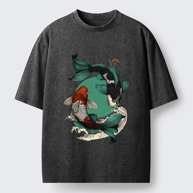 Kyoto-Lion YinYang Koi Fish Zen Washed T-Shirt