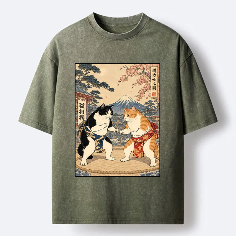 Kyoto-Lion Japanese Sumo Cat Art Washed T-Shirt