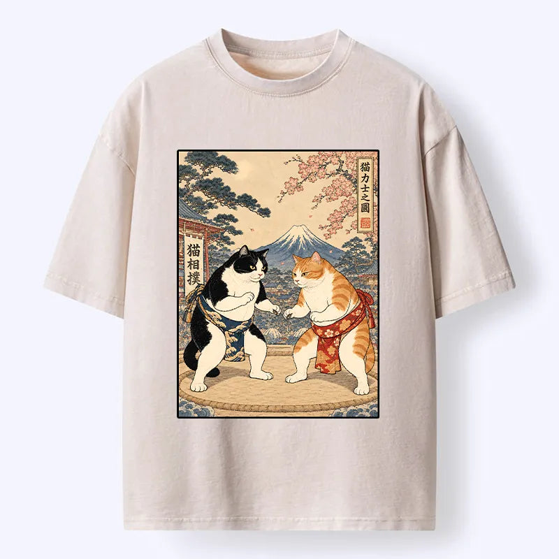 Kyoto-Lion Japanese Sumo Cat Art Washed T-Shirt