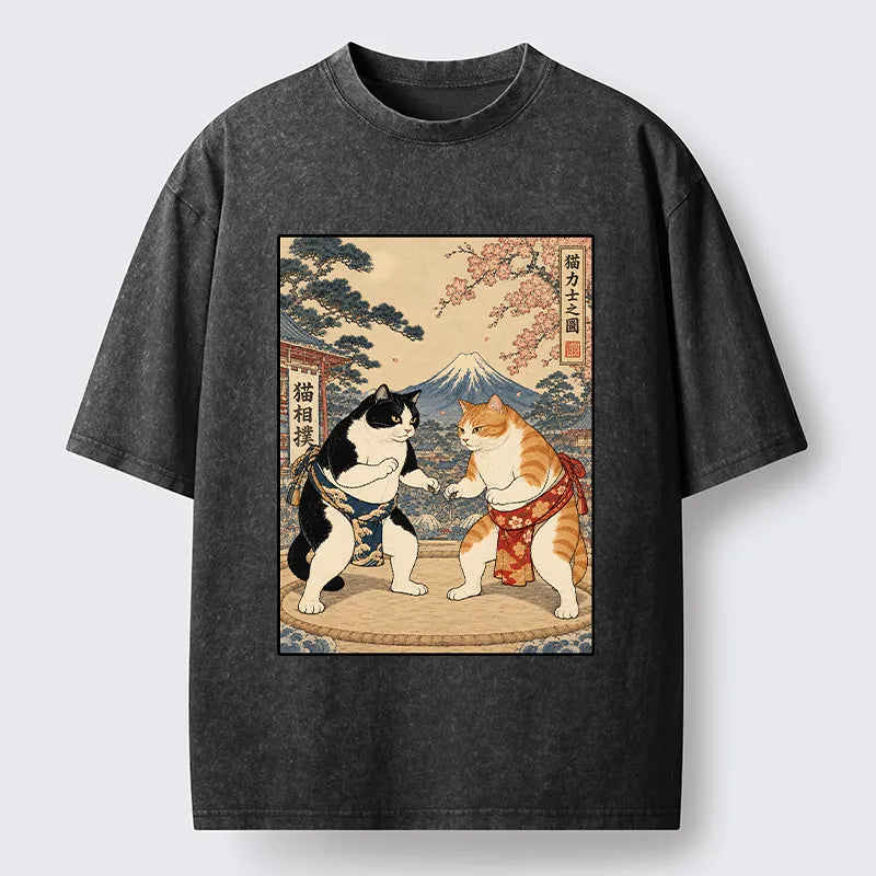 Kyoto-Lion Japanese Sumo Cat Art Washed T-Shirt