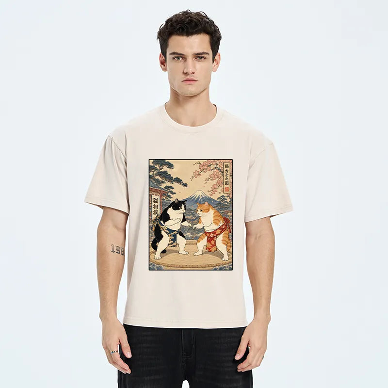 Kyoto-Lion Japanese Sumo Cat Art Washed T-Shirt