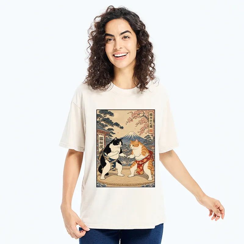 Kyoto-Lion Japanese Sumo Cat Art Washed T-Shirt