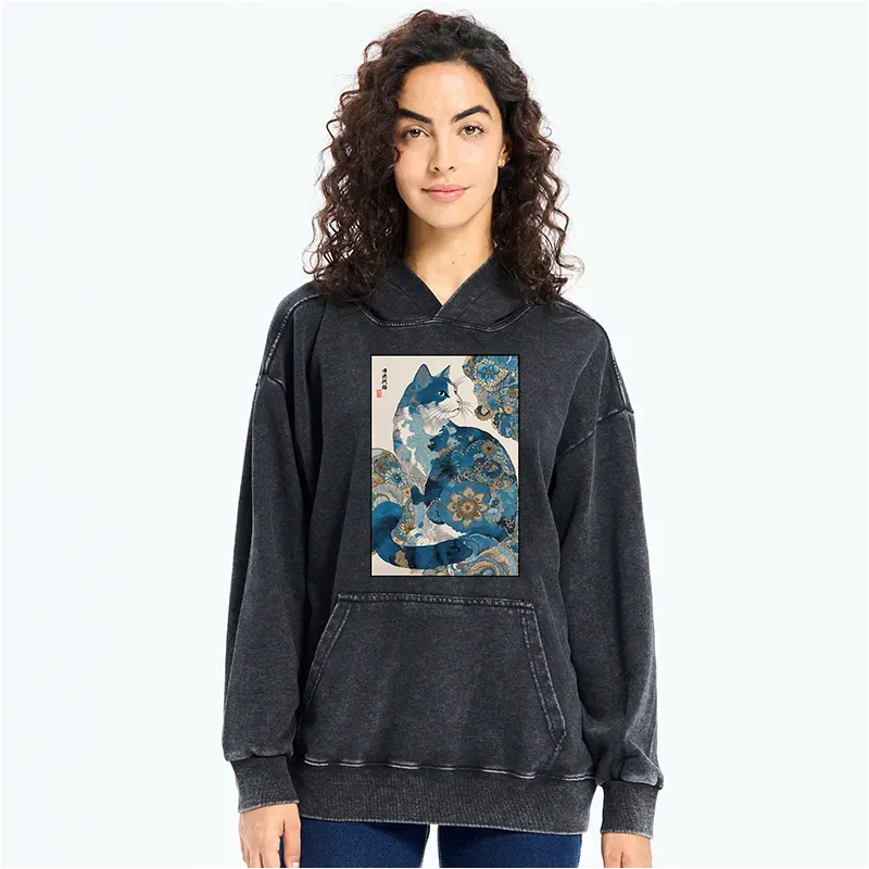 Vintage Japanese Flower Cat Hoodie