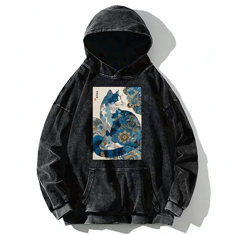 Kyoto-Lion Japanese Ukiyo-e Flowers Cat Washed Hoodie