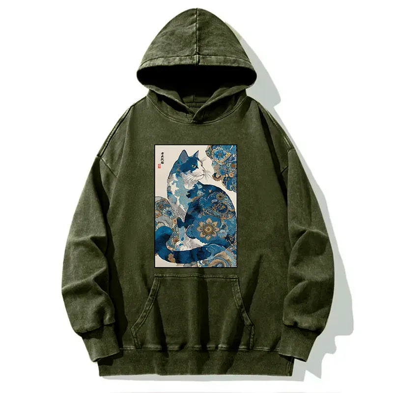 Kyoto-Lion Japanese Ukiyo-e Flowers Cat Washed Hoodie