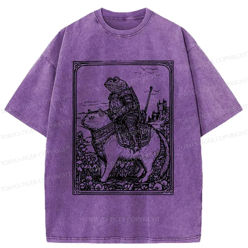 Kyoto-Lion Frog Knight Riding A Cat Washed T-Shirt