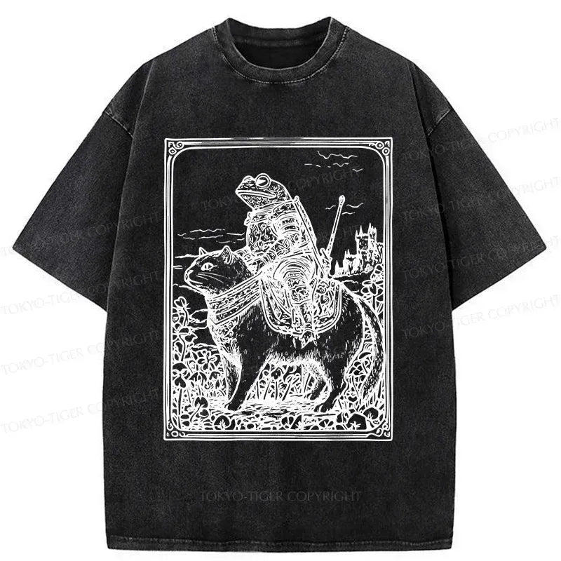 Kyoto-Lion Frog Knight Riding A Cat Washed T-Shirt