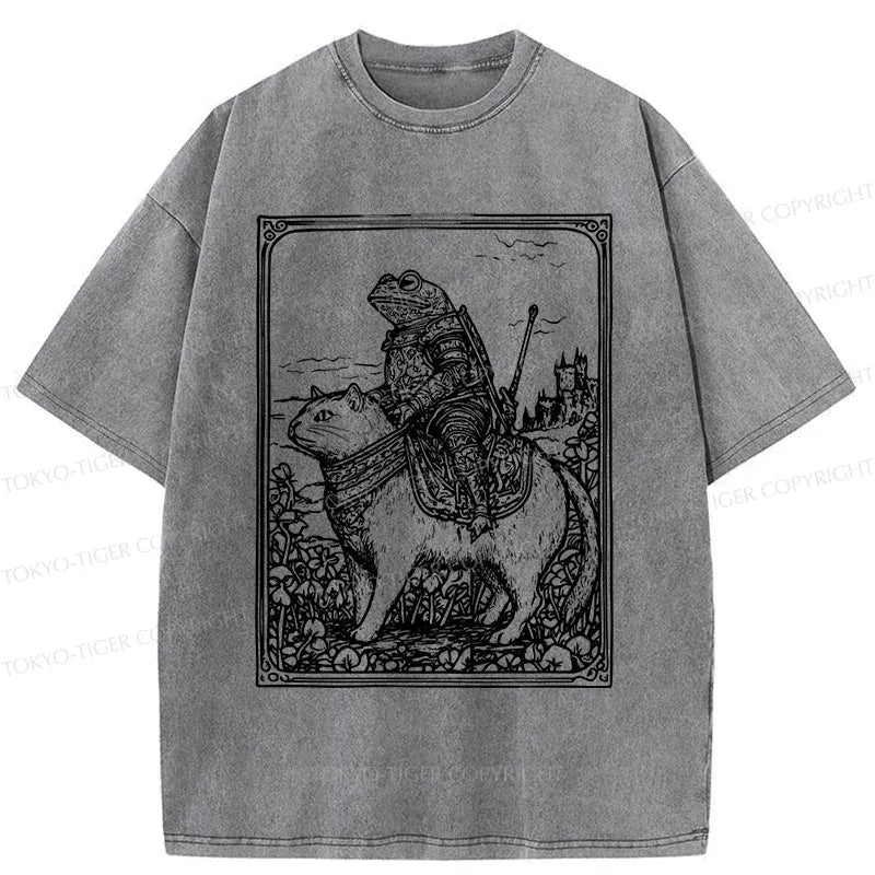 Kyoto-Lion Frog Knight Riding A Cat Washed T-Shirt