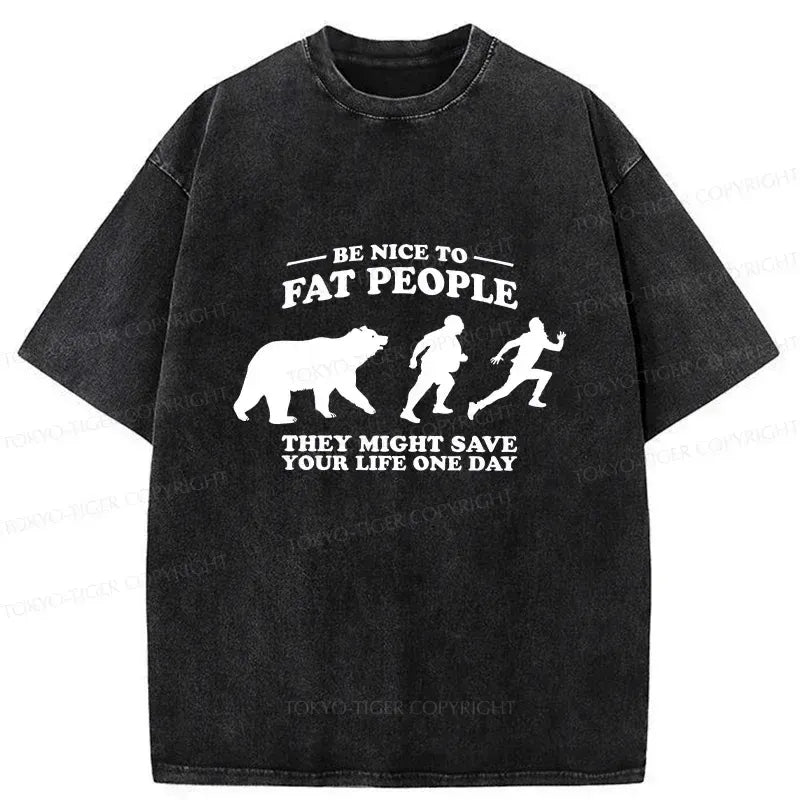Kyoto-Lion Fat Bear Chasing Fat Man Washed T-Shirt