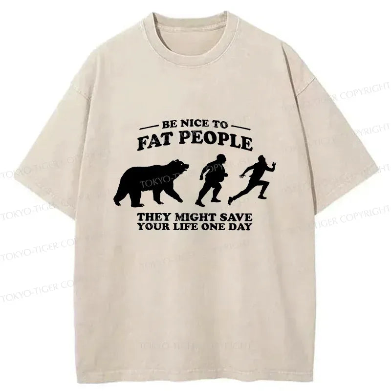 Kyoto-Lion Fat Bear Chasing Fat Man Washed T-Shirt