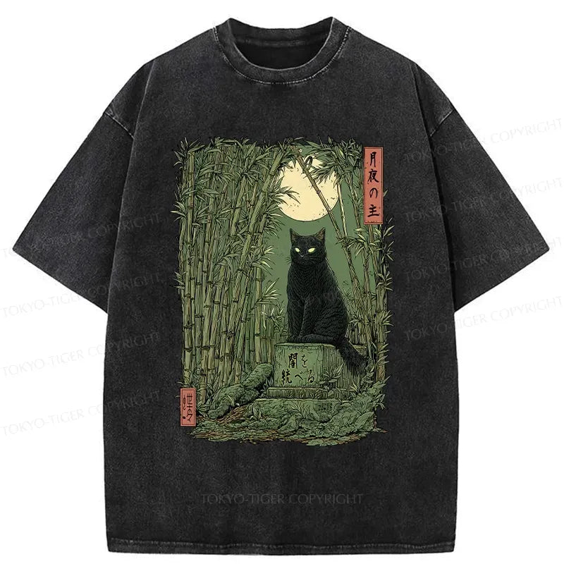 Black Cat in Bamboo Forest Japanese Washed T-Shirt