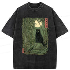 Black Cat in Bamboo Forest Japanese Washed T-Shirt