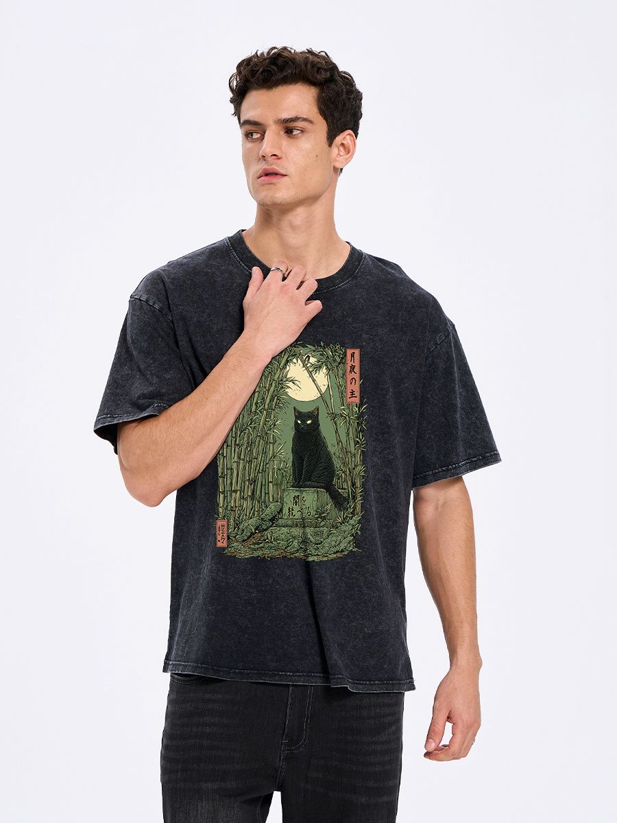 Kyoto-Lion Black Cat In The Bamboo Forest Washed T-Shirt
