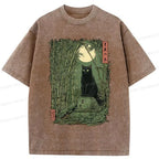 Kyoto-Lion Black Cat In The Bamboo Forest Washed T-Shirt