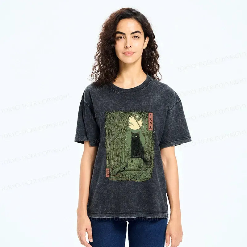 Black Cat in Bamboo Forest Japanese Washed T-Shirt