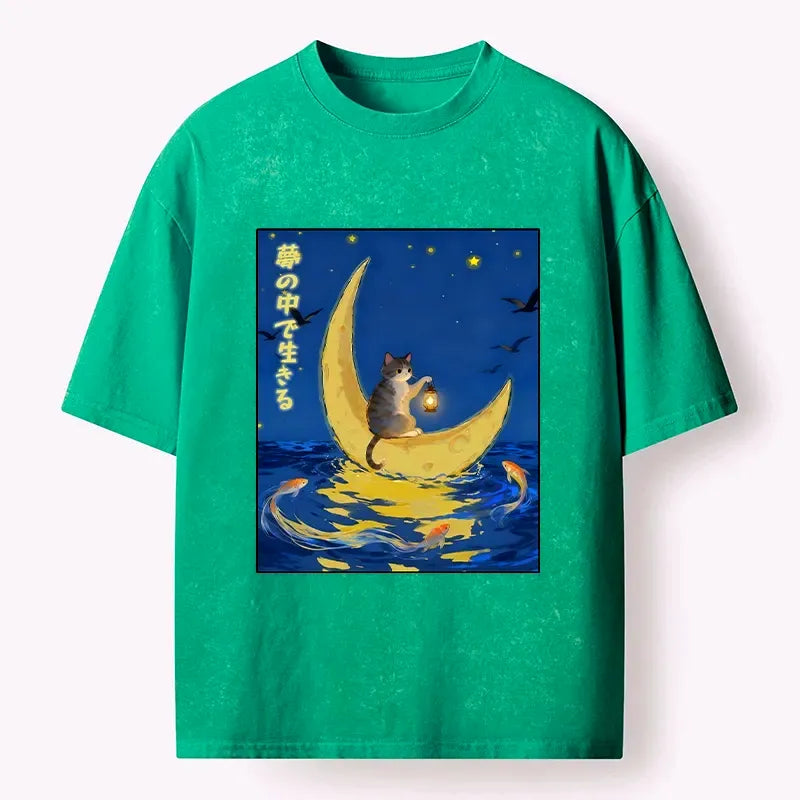 Kyoto-Lion Cat On Moon Boat Over Sea Washed T-Shirt