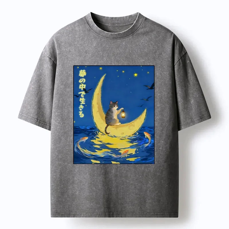 Kyoto-Lion Cat On Moon Boat Over Sea Washed T-Shirt