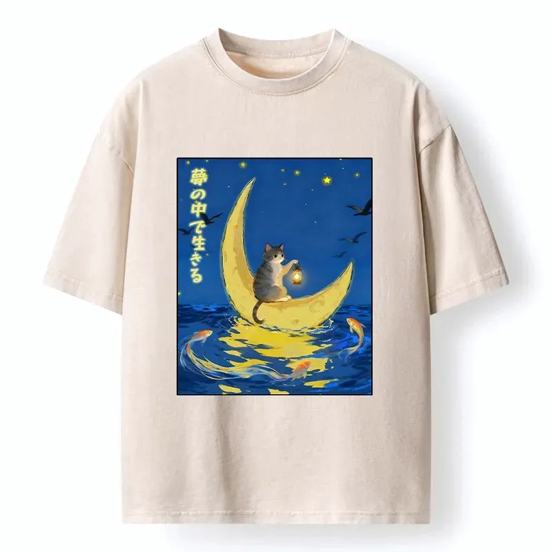 Kyoto-Lion Cat On Moon Boat Over Sea Washed T-Shirt