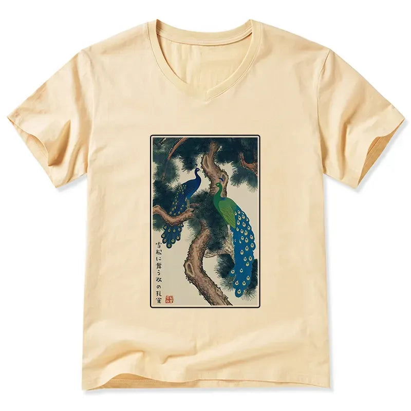 Kyoto-Lion Peacocks in Snowy Pines V-Neck Classic T-Shirt
