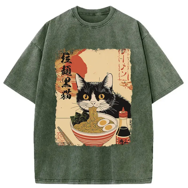 Japanese retro black cat ramen t-shirt