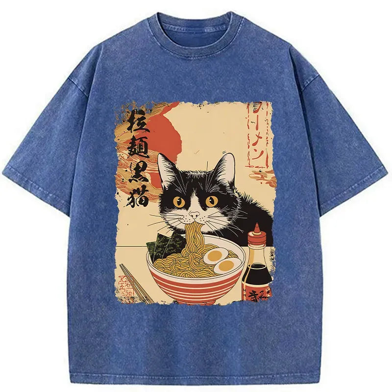 Japanese retro black cat ramen t-shirt