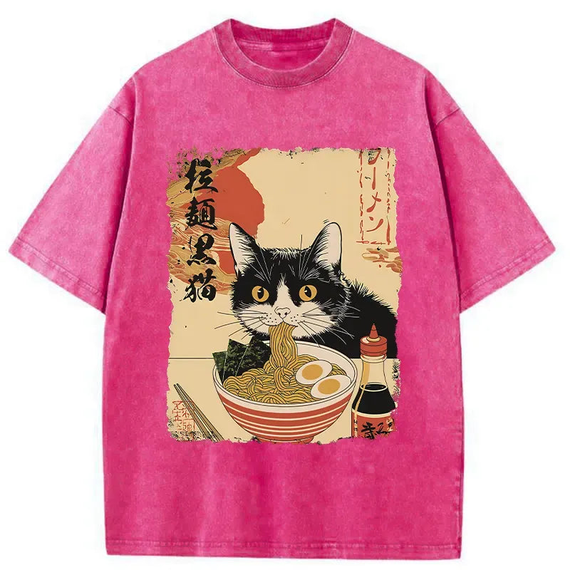 Kyoto-Lion Black Cat Eats Ramen Japan Retro Washed T-Shirt