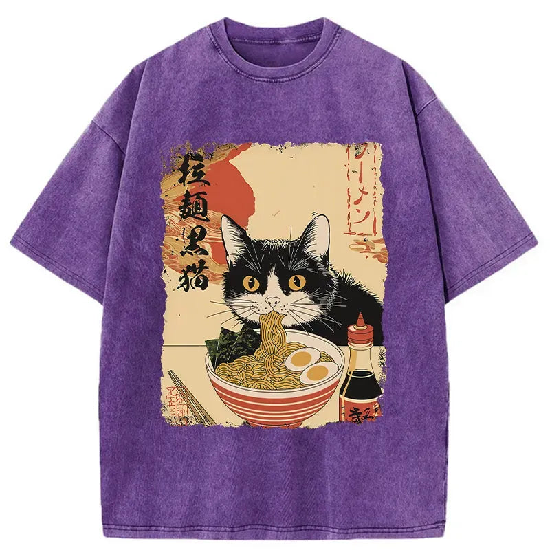 Kyoto-Lion Black Cat Eats Ramen Japan Retro Washed T-Shirt