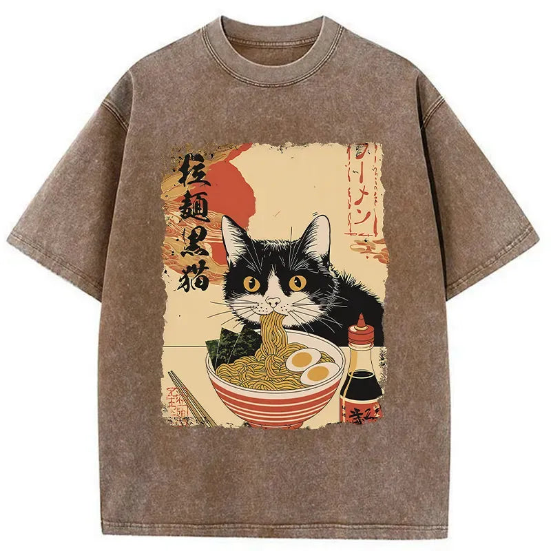 black cat eating ramen shirt for daily wear