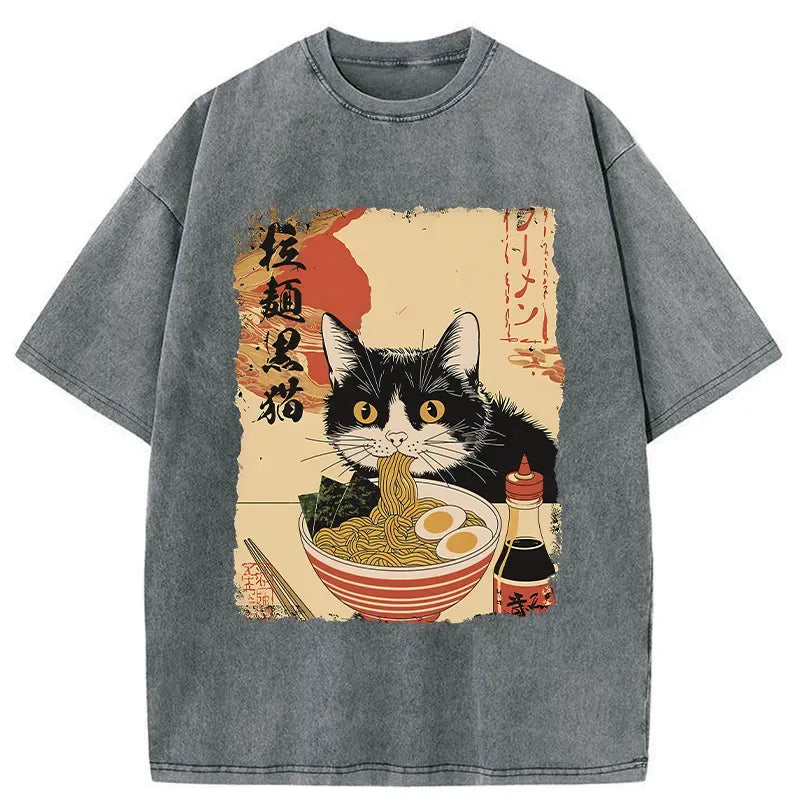 black cat eating ramen shirt for daily wear