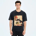 Kyoto-Lion Black Cat Eats Ramen Japan Retro Washed T-Shirt