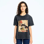 Kyoto-Lion Black Cat Eats Ramen Japan Retro Washed T-Shirt