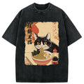 Kyoto-Lion Black Cat Eats Ramen Japan Retro Washed T-Shirt