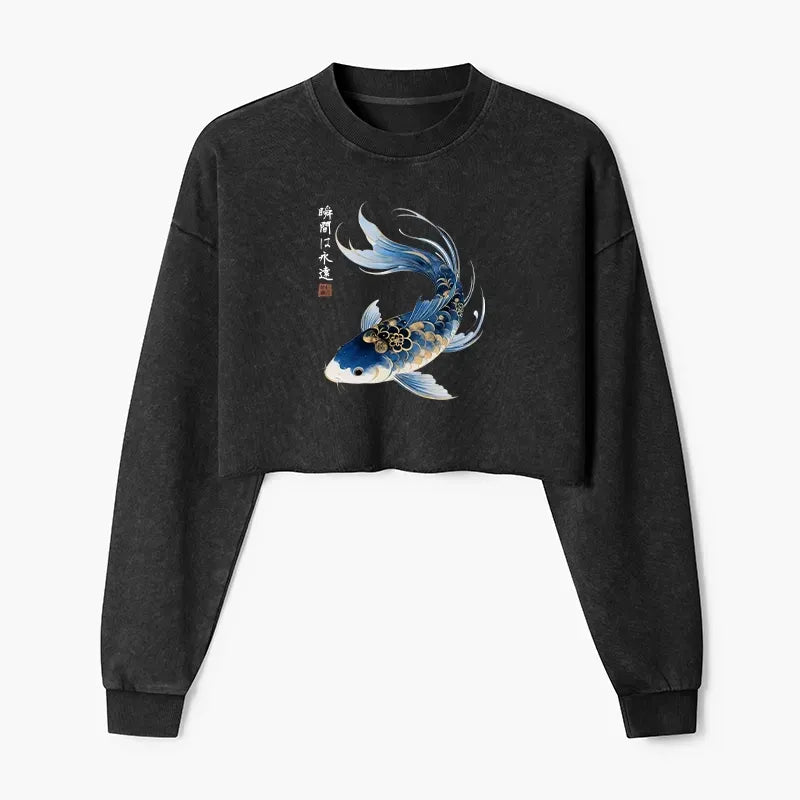 Kyoto-Lion Elegant Koi Fish Watercolor Art Washed Crop Sweatshirt