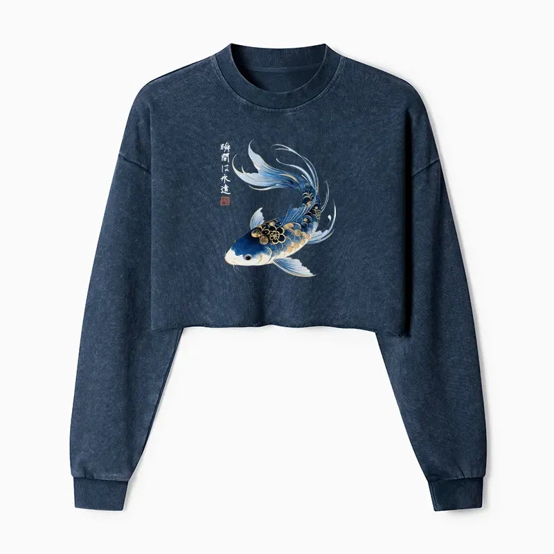 Kyoto-Lion Elegant Koi Fish Watercolor Art Washed Crop Sweatshirt
