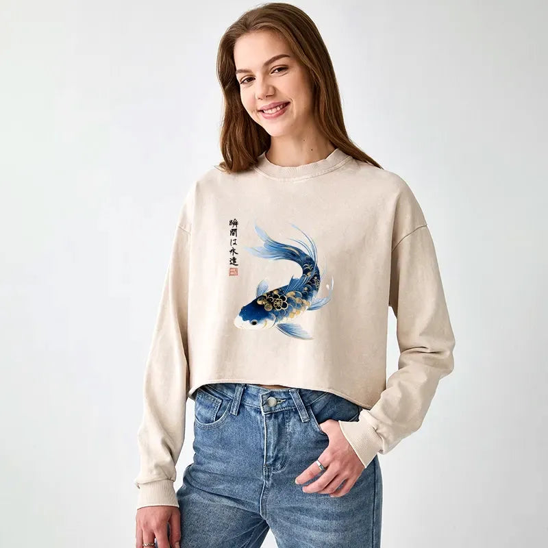 Japanese Koi Fish Watercolor Crop Sweatshirt
