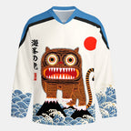 Kyoto-Lion Folk Art Tiger Standing On Waves Long-Sleeve Hockey Jersey