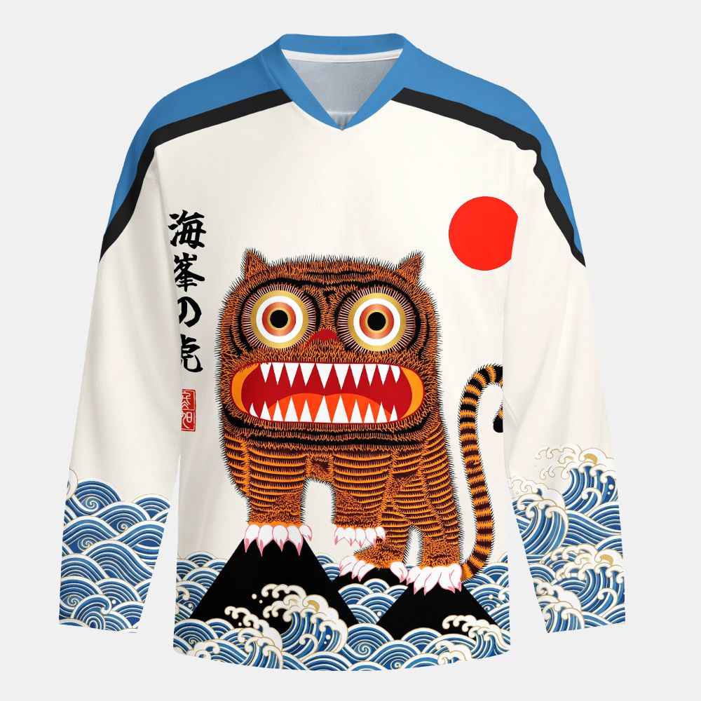 Kyoto-Lion Folk Art Tiger Standing On Waves Long-Sleeve Hockey Jersey