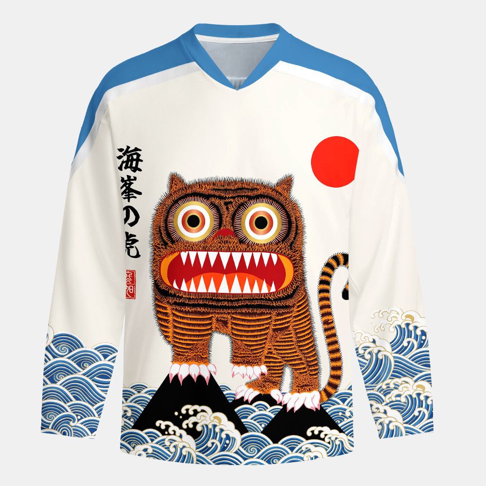 Kyoto-Lion Folk Art Tiger Standing On Waves Long-Sleeve Hockey Jersey