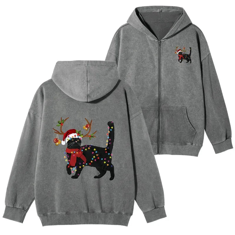 Unisex Zip Hoodie with Black Cat Japanese Style