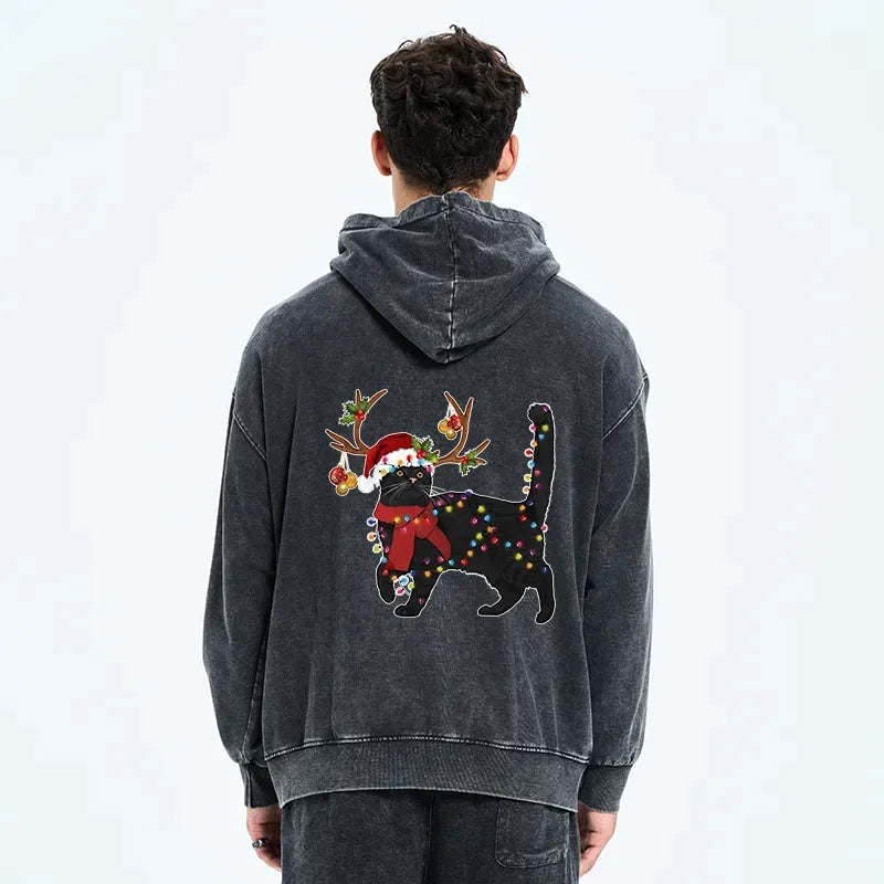 Kyoto-Lion Christmas Black Cat Washed Zip Hoodie